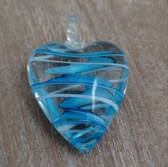 Jewelry - Hand Blown Glass Heart Pendant Blue Swirls 1.5"